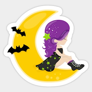 Halloween, Witch On The Moon, Bat, Trick Or Treat Sticker